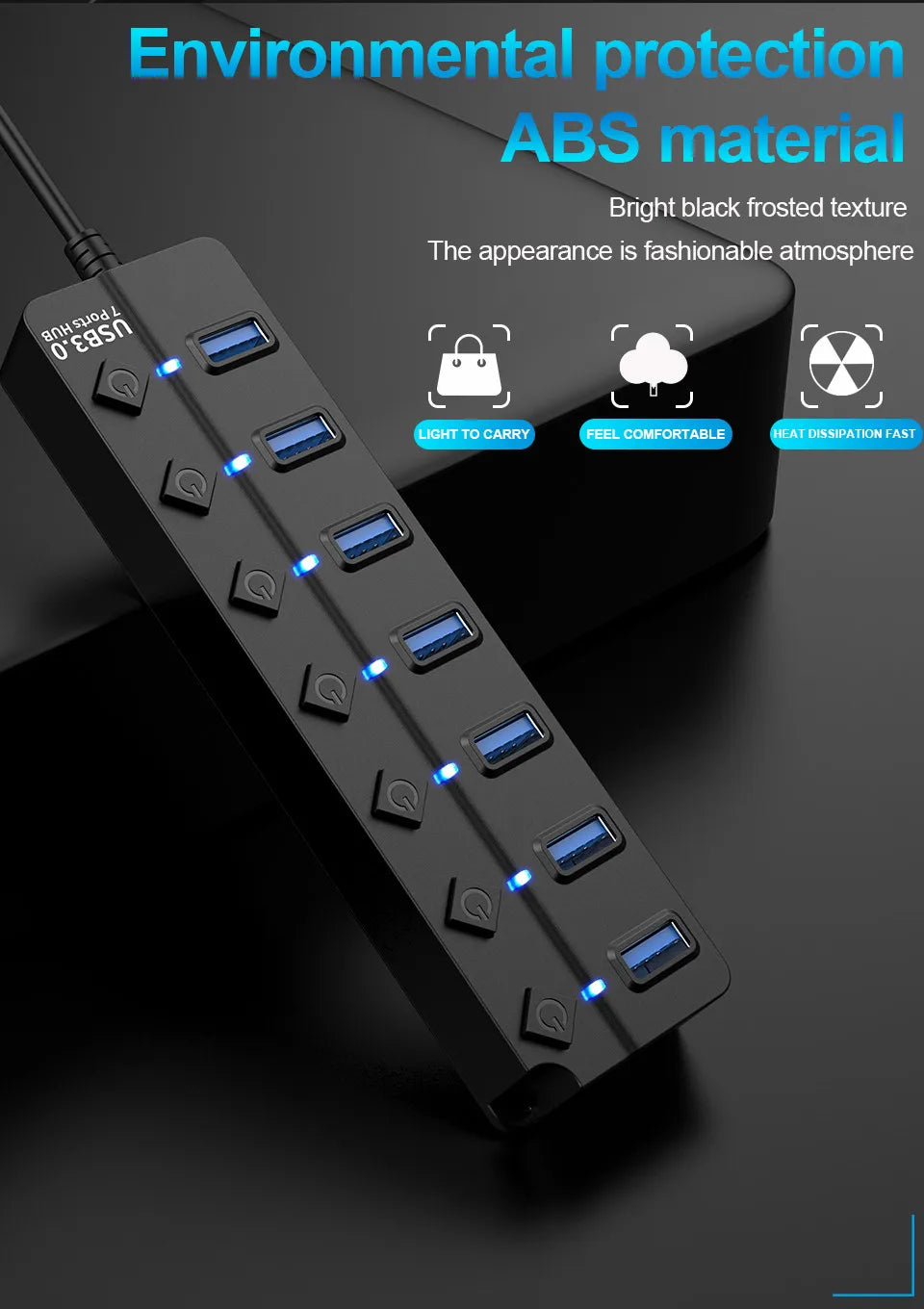 DIWROLY 7-Port USB 3.0 Hub with Individual Switches