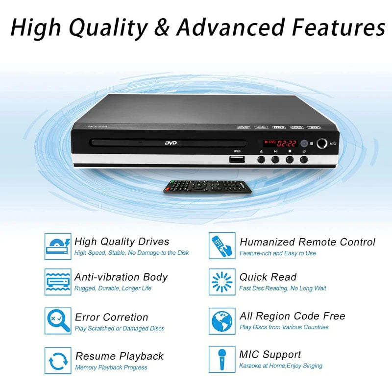 Dreamburgh 1080P DVD Player with USB & Microphone Input