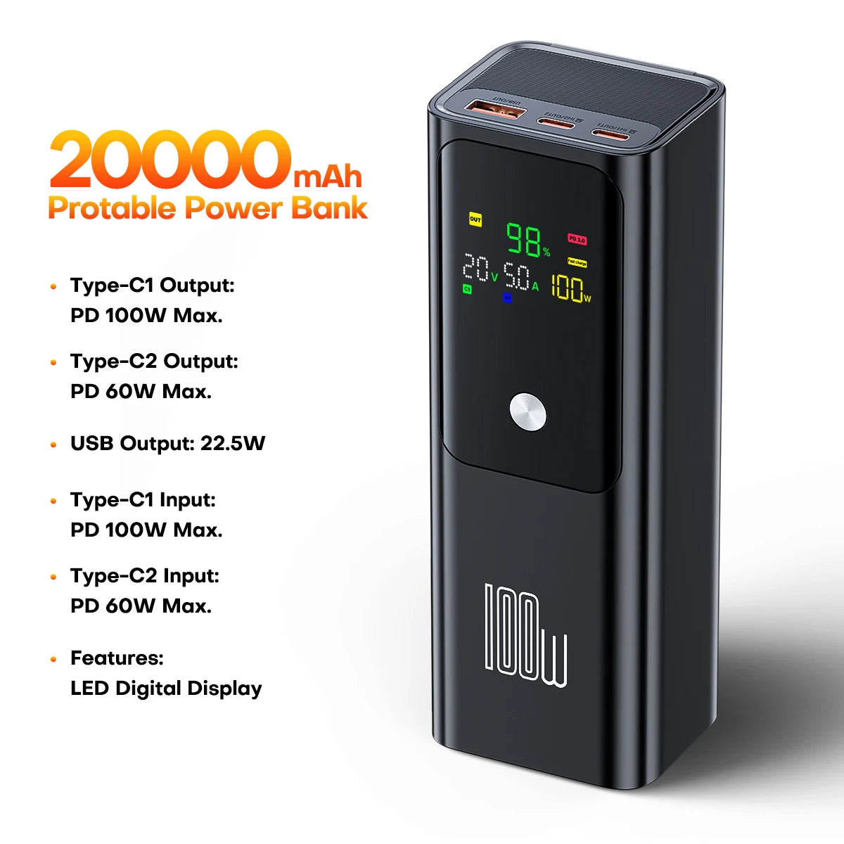 QOOVI 20000mAh 100W PD Power Bank