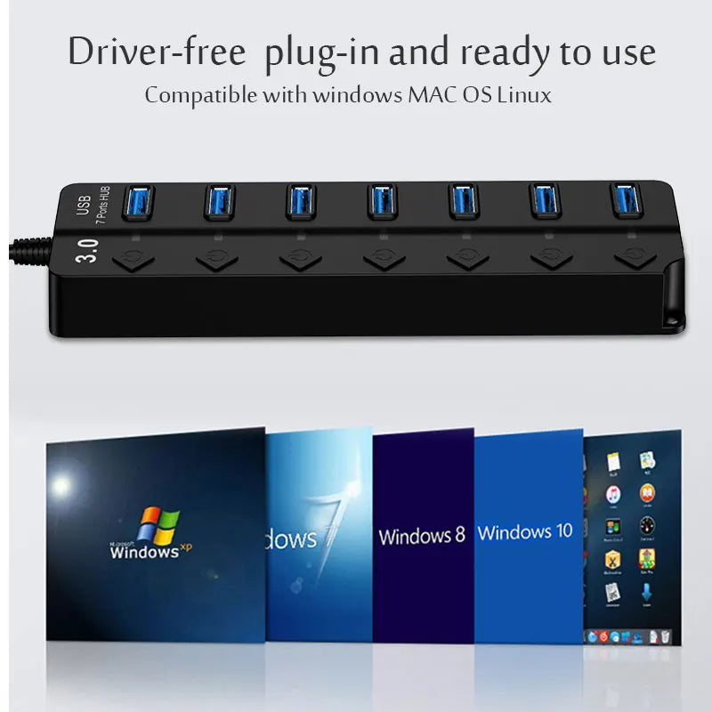 DIWROLY 7-Port USB 3.0 Hub with Individual Switches