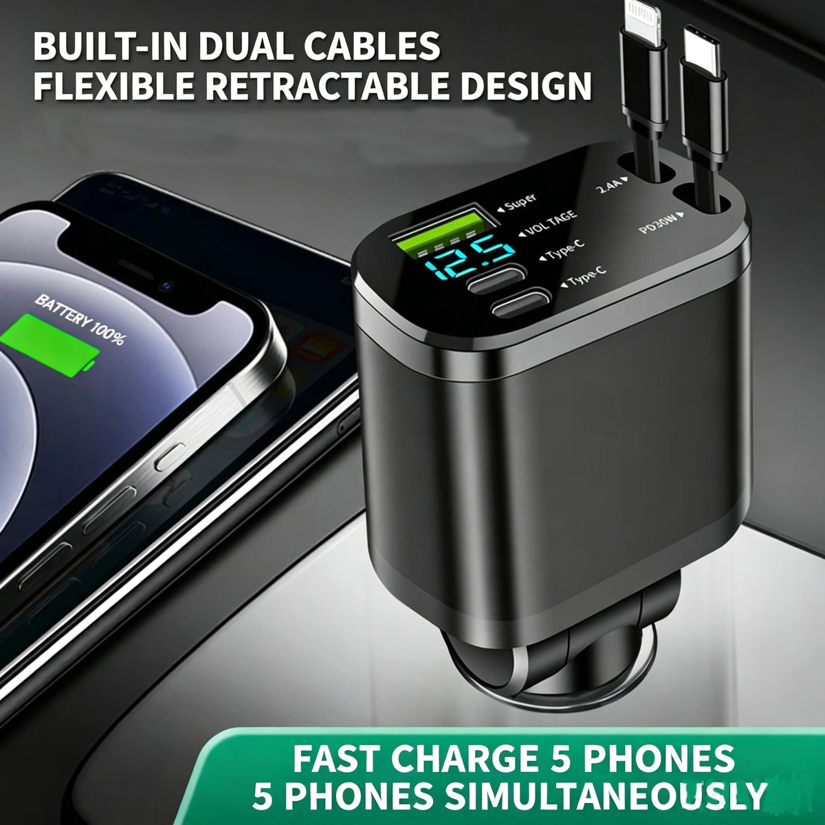 KYVNVO 5-in-1 Retractable Car Fast Charger