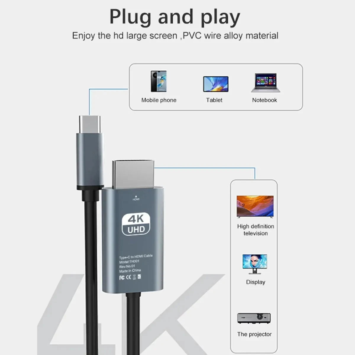 2m USB-C to HDMI-Compatible 4K Video Cable