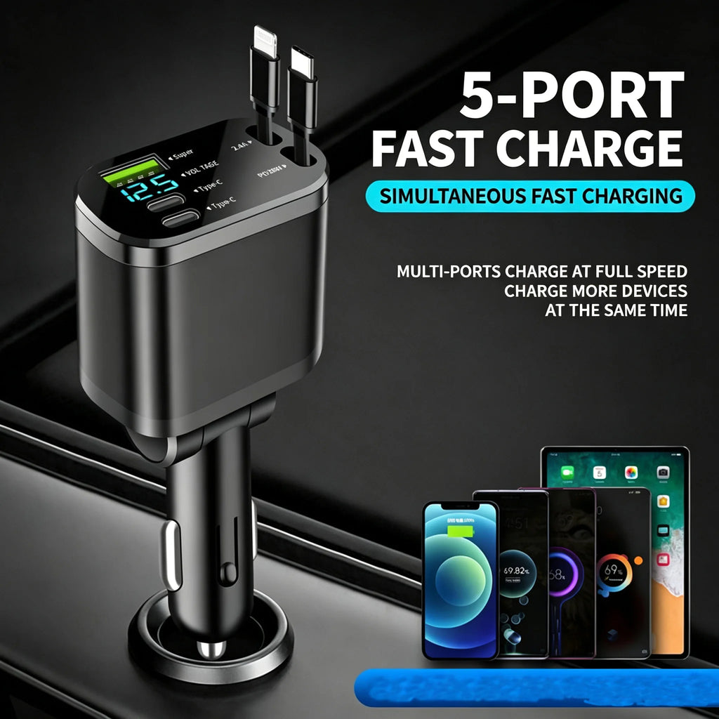 KYVNVO 5-in-1 Retractable Car Fast Charger