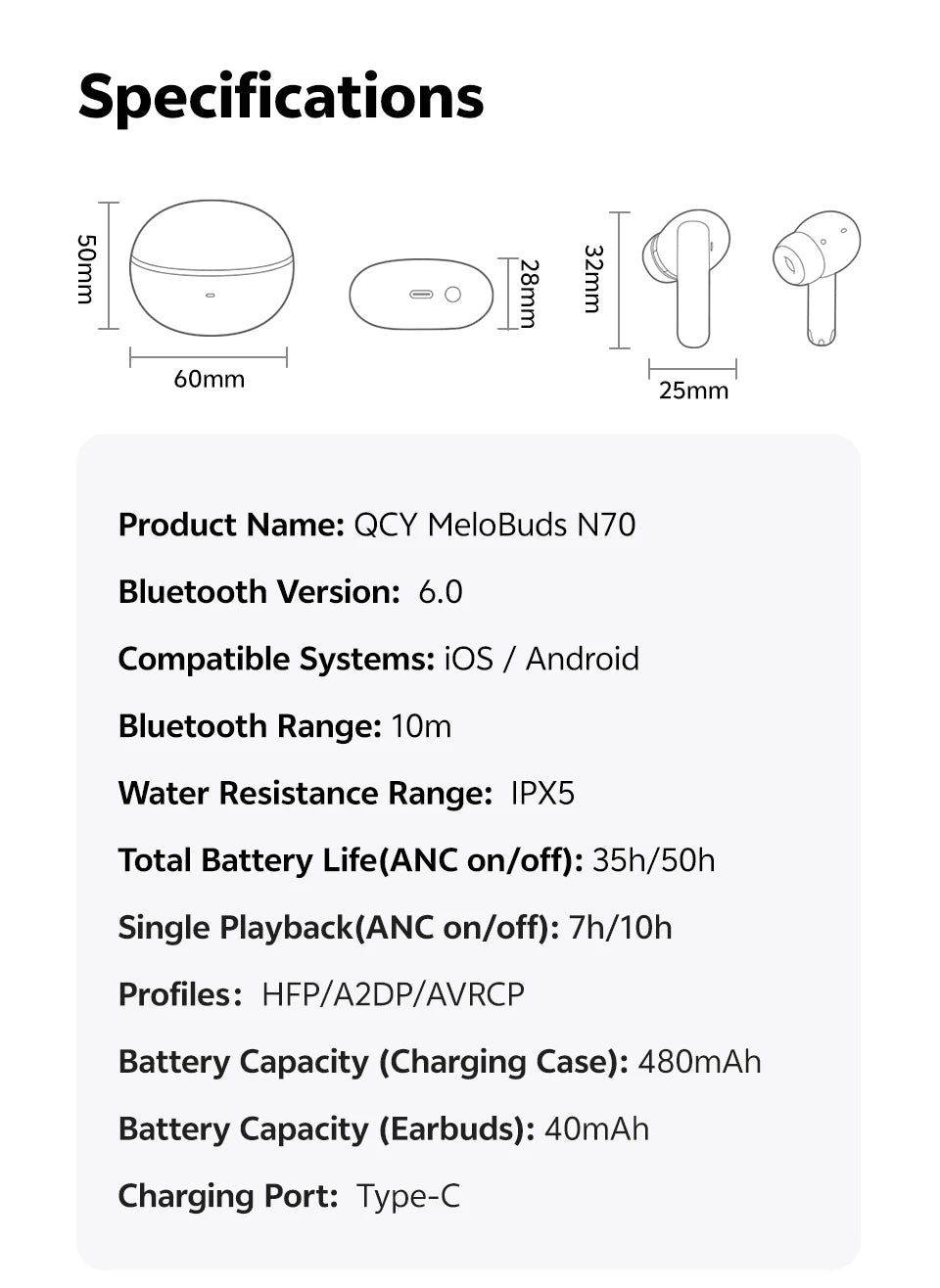 QCY MeloBuds N70 Bluetooth 6.0 ANC TWS Earbuds